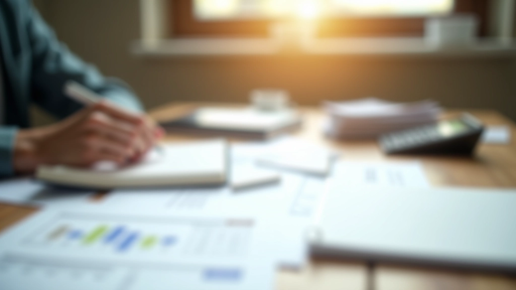 Financial planning workspace with documents, calculator, and notebook showing budget calculations